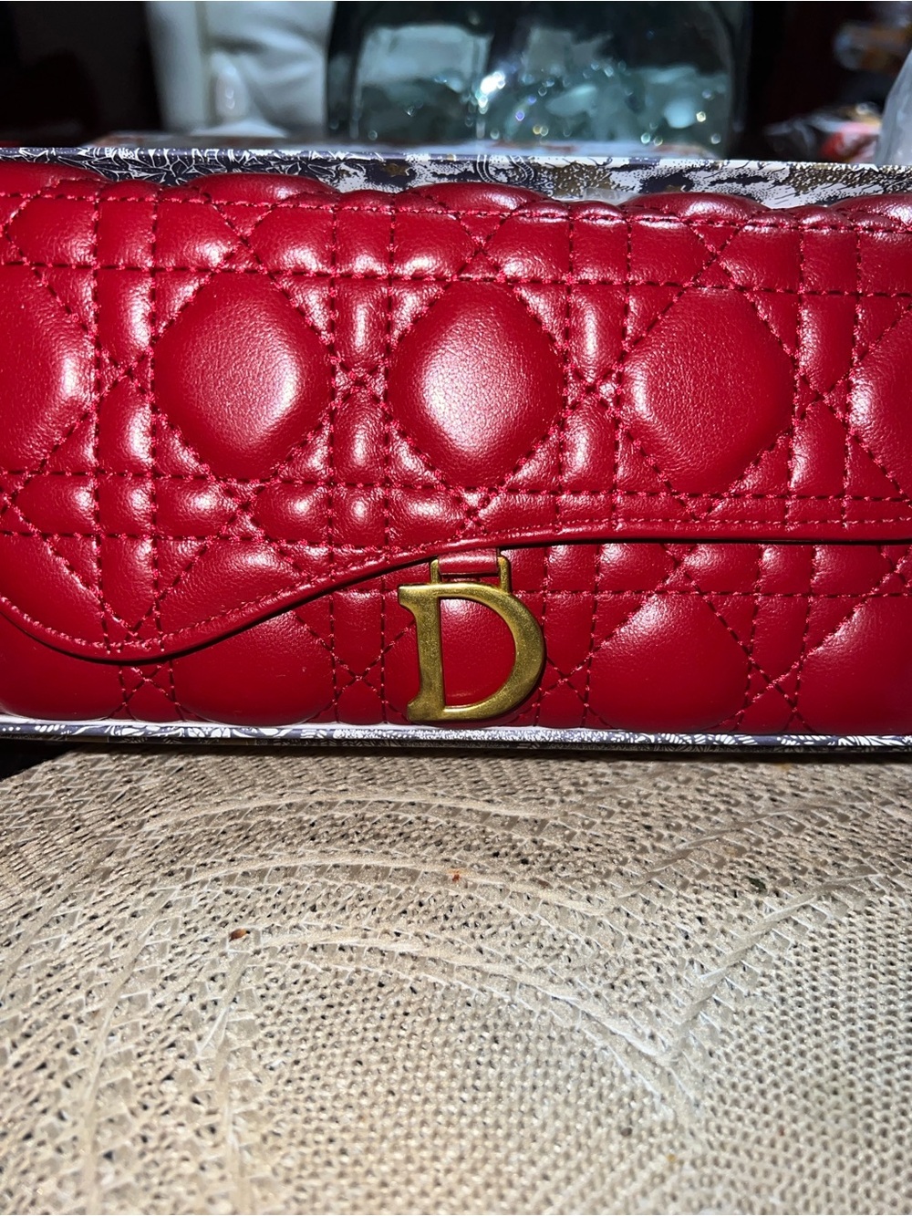 Quilted Red Leather Wristlet Clutch with Gold 'D' Accent